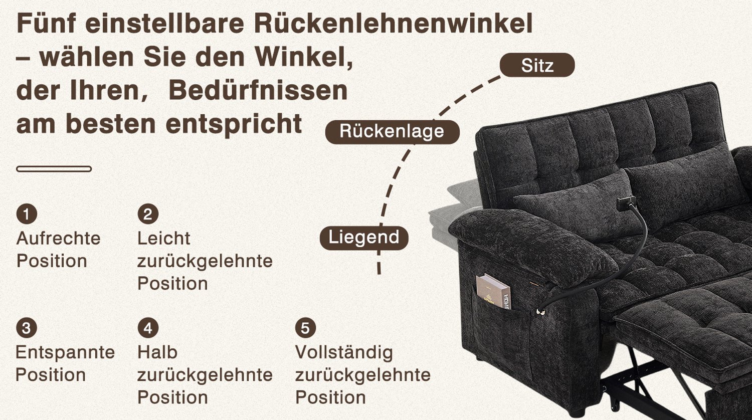 STILVORA Slaapbank 142 cm - Drie Functies en Rugleuning met Vijf Standen - Voor Woonkamer en Logeerkamer - Chenille, IJzer en Hout - Zwart