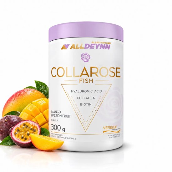 Witte pot AllDeynn Collarose Fish collageenpoeder met paarse deksel, mango en passievrucht, 300 g.