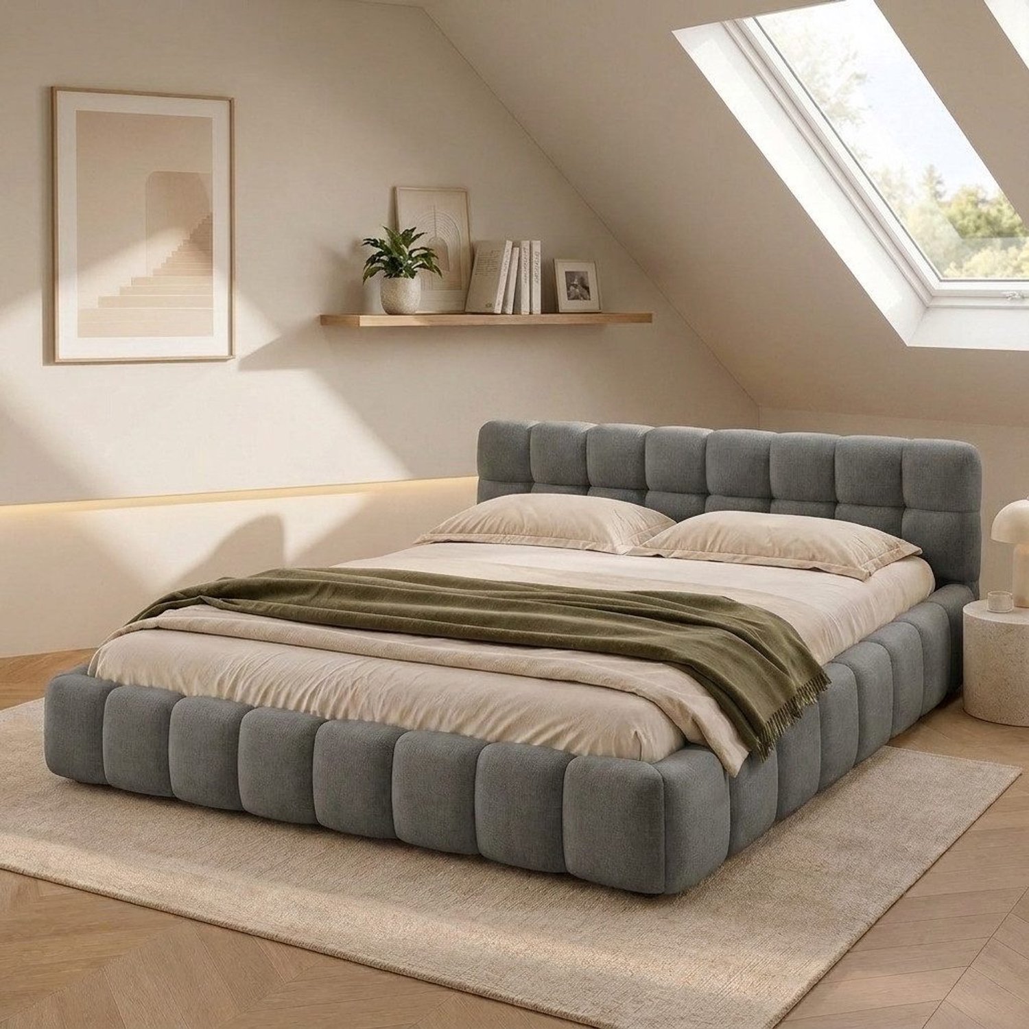 Mofor Gestoffeerd tweepersoonsbed 140x200 cm - laag bedframe met inlegdesign - linnen bekleding - houten en metalen frame - grijs - minimalistisch