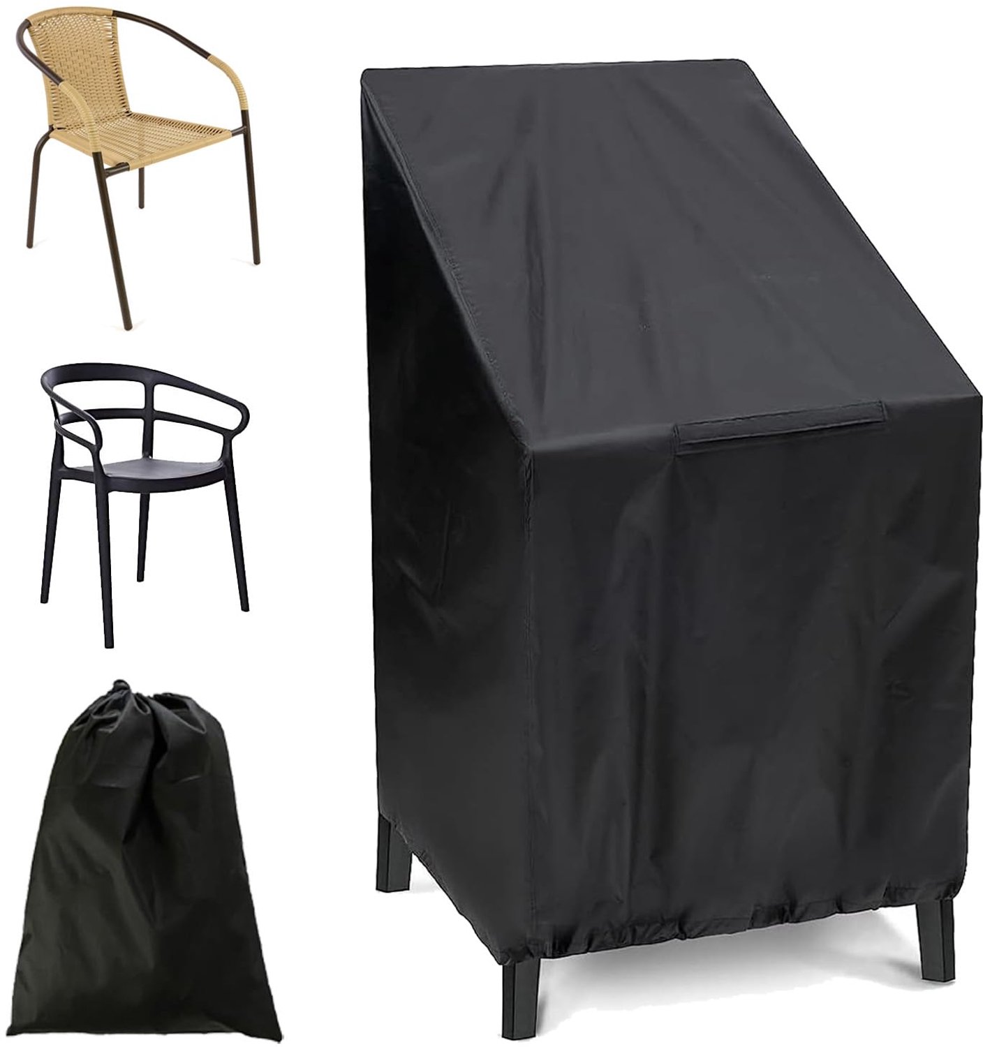 Famanu Tuinstoelhoes van 65 x 65 x 120 cm, zwart, gemaakt van 210D Oxford-stof, met trekkoord, voor stapelstoelen en balkonstoelen, weerbestendig en duurzaam