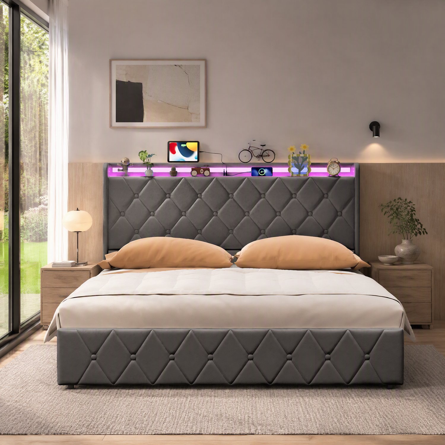 Yelenaro Gestoffeerd bed 160x200 cm met Opbergruimte, Jeugdbed met LED en Stopcontacten, Tweepersoons bed met Lattenbodem en Opbergruimte in het Hoofdeinde, Fluweel, Donkergrijs