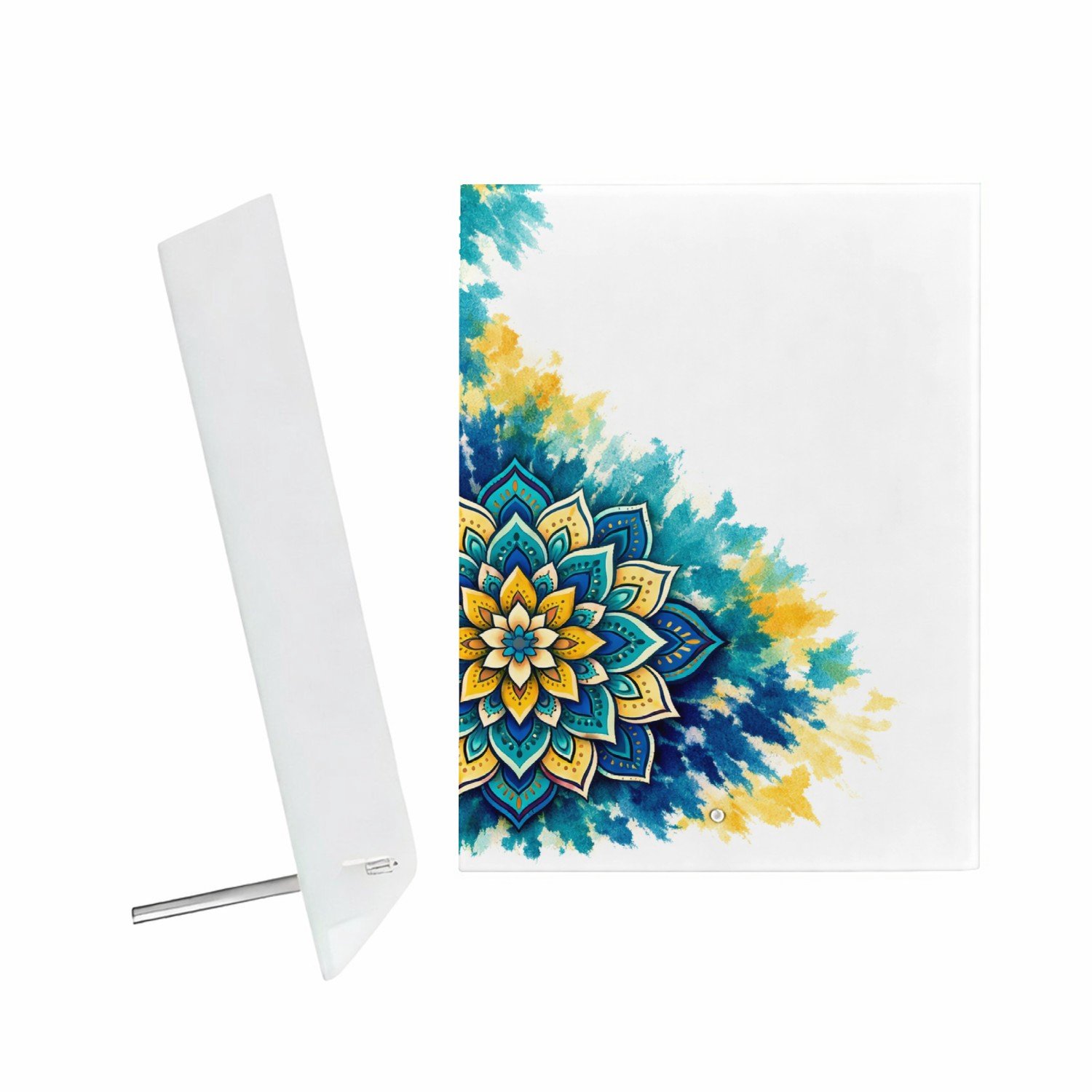 Mr Cadeautjes Glazen fotopaneel Een grote, centrale zonnebloemmandala op een zachte aquarelw - 15 x 20 cm, staand - glas, decoratie, wanddecoratie | cadeau Wit