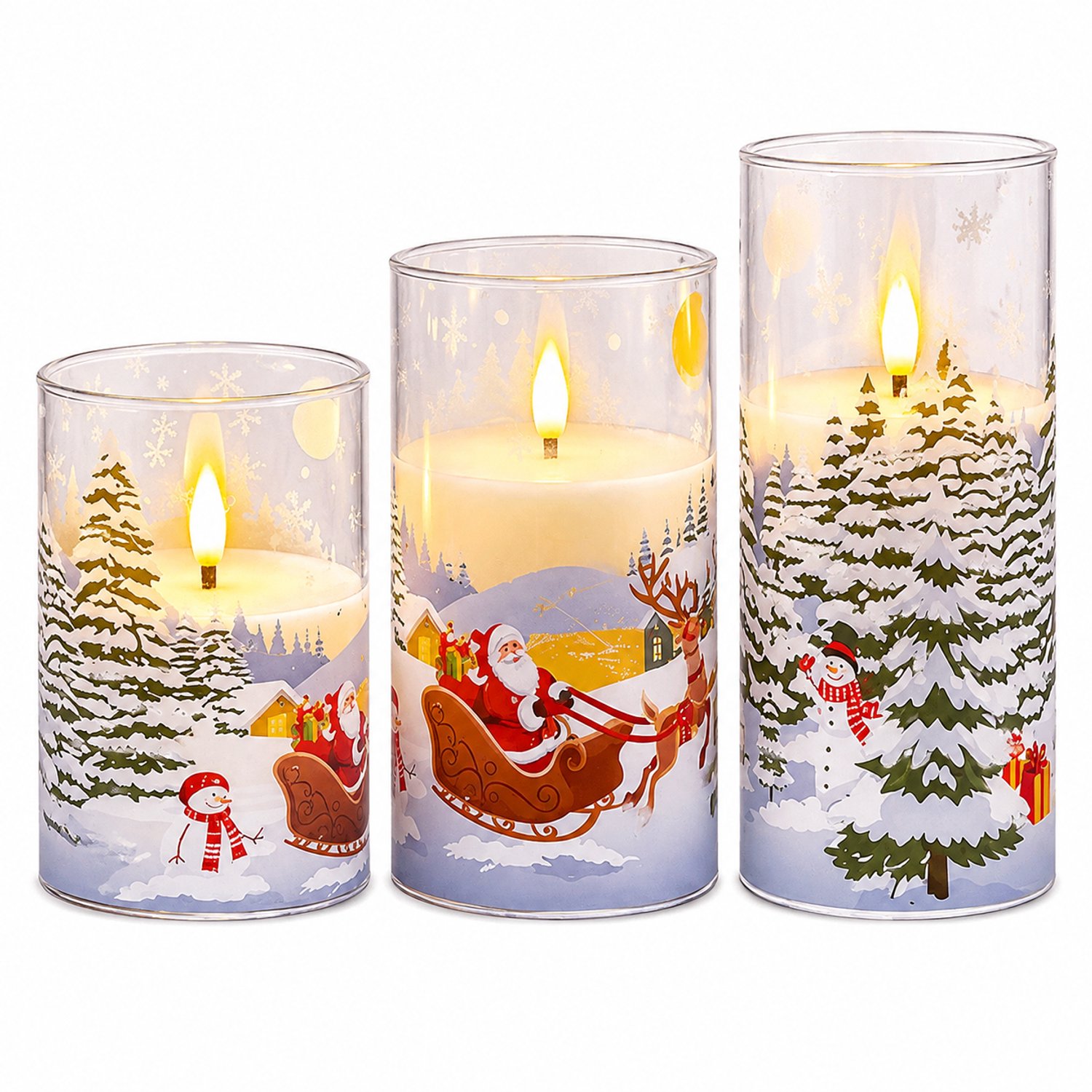 SWGOTA led kaarsen - Set van 3 met kerstsneeuwlandschap, warm vlamloos licht, kunststof cilindervorm, op batterijen, batterijen niet inbegrepen Meerkleurig