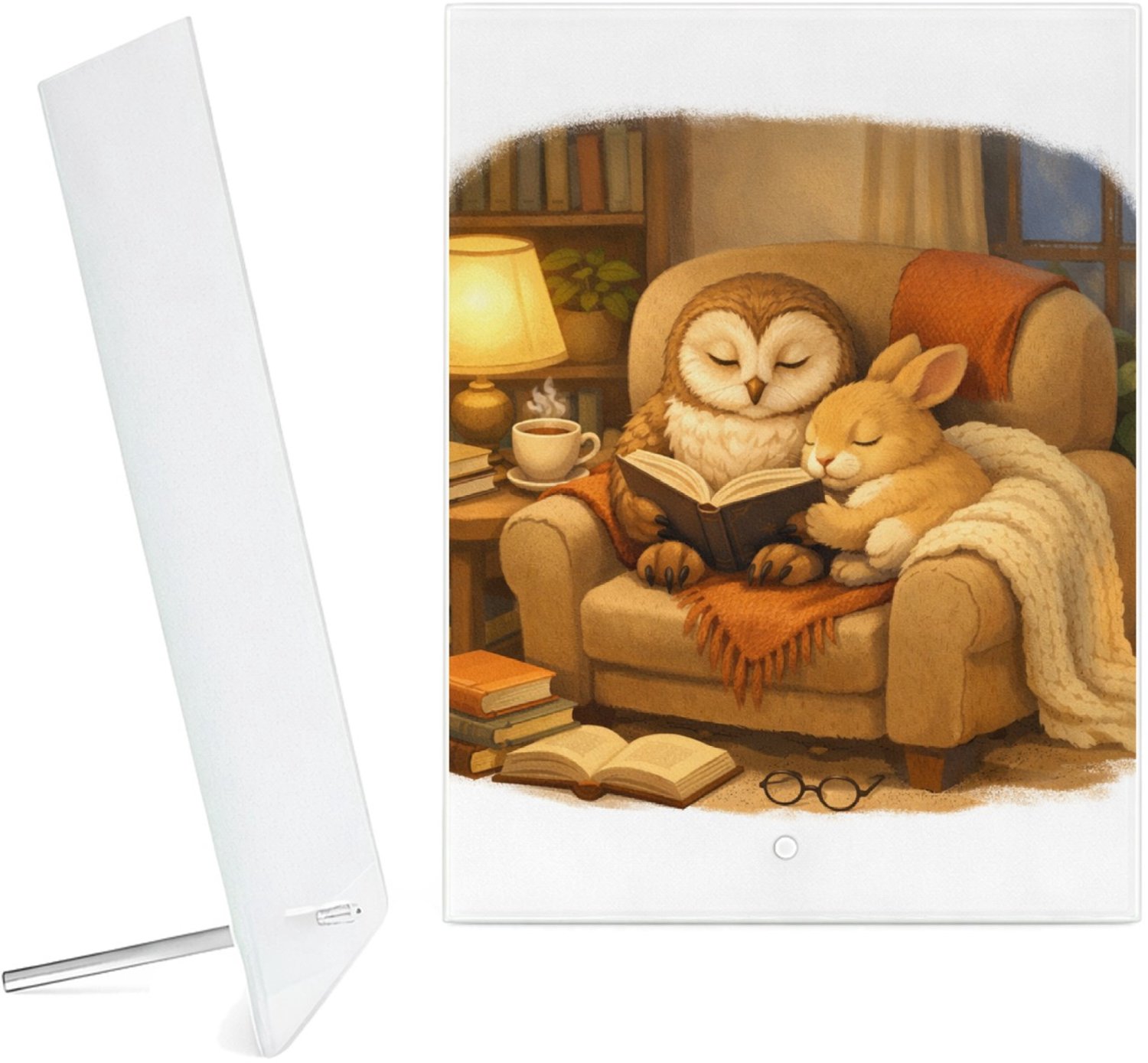 Mr Cadeautjes Glazen fotopaneel Een stille leeshoek met een uil en een konijn op een comfort - 15 x 20 cm, staand - glas, decoratie, wanddecoratie | cadeau Wit