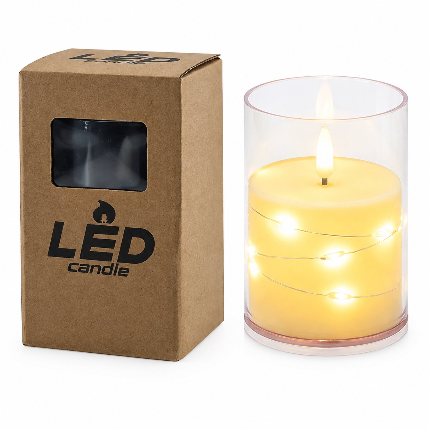 SWGOTA led kaarsen: 1 decoratieve kaars van 7,5 × 10 cm met warm licht, lichtsnoer en transparante huls, in vensterdoos, zonder batterijen Ivoor
