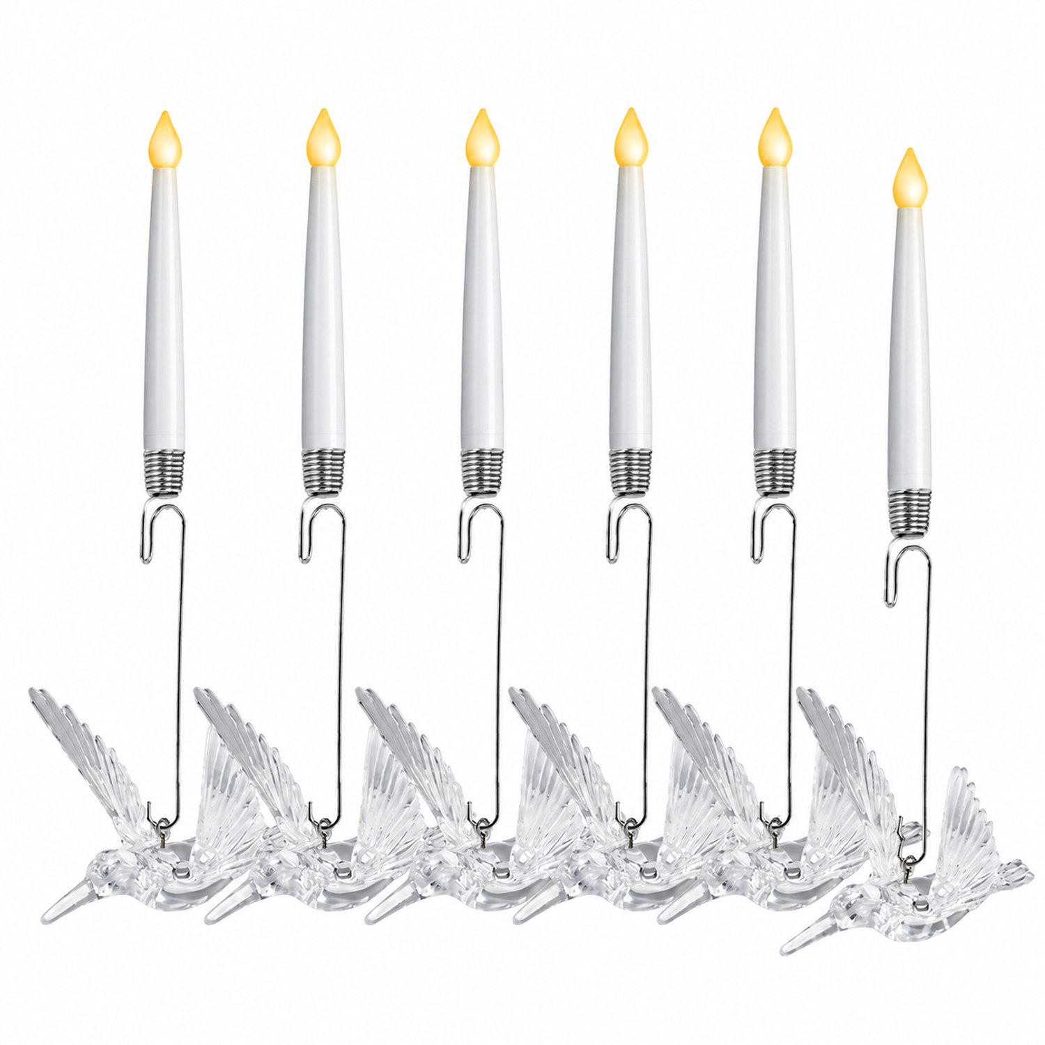SWGOTA led kaarsen, set van 6 met afstandsbediening, witte slanke kaarslampen met vogelornamenten en ophanghaken voor kerst- en feestdecoratie