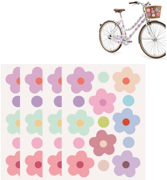 Vel met kleurrijke bloem- en stippestickers in pasteltinten voor decoratie van een fiets.