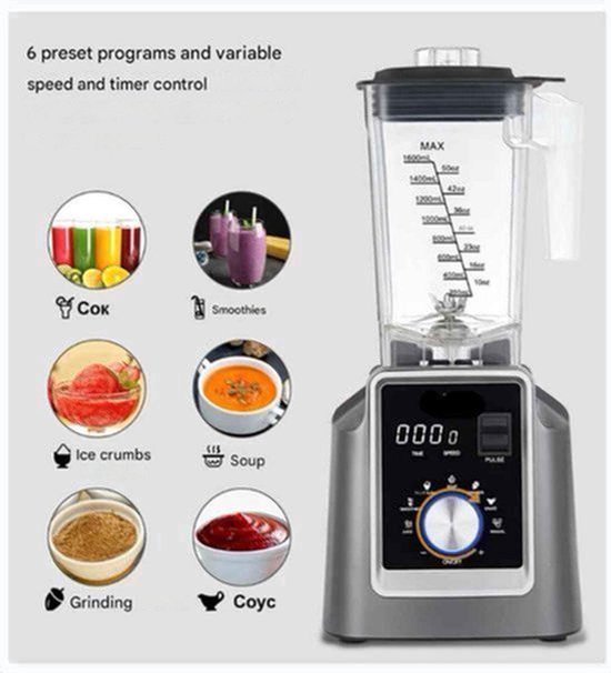 Blender - 2200W - Foodprocessor - Krachtige Keukenblender - 6 Automatische Programma’s - 2L BPA-vrije Kan - Voor Smoothies - Soepen - IJshakken - — afbeelding 4
