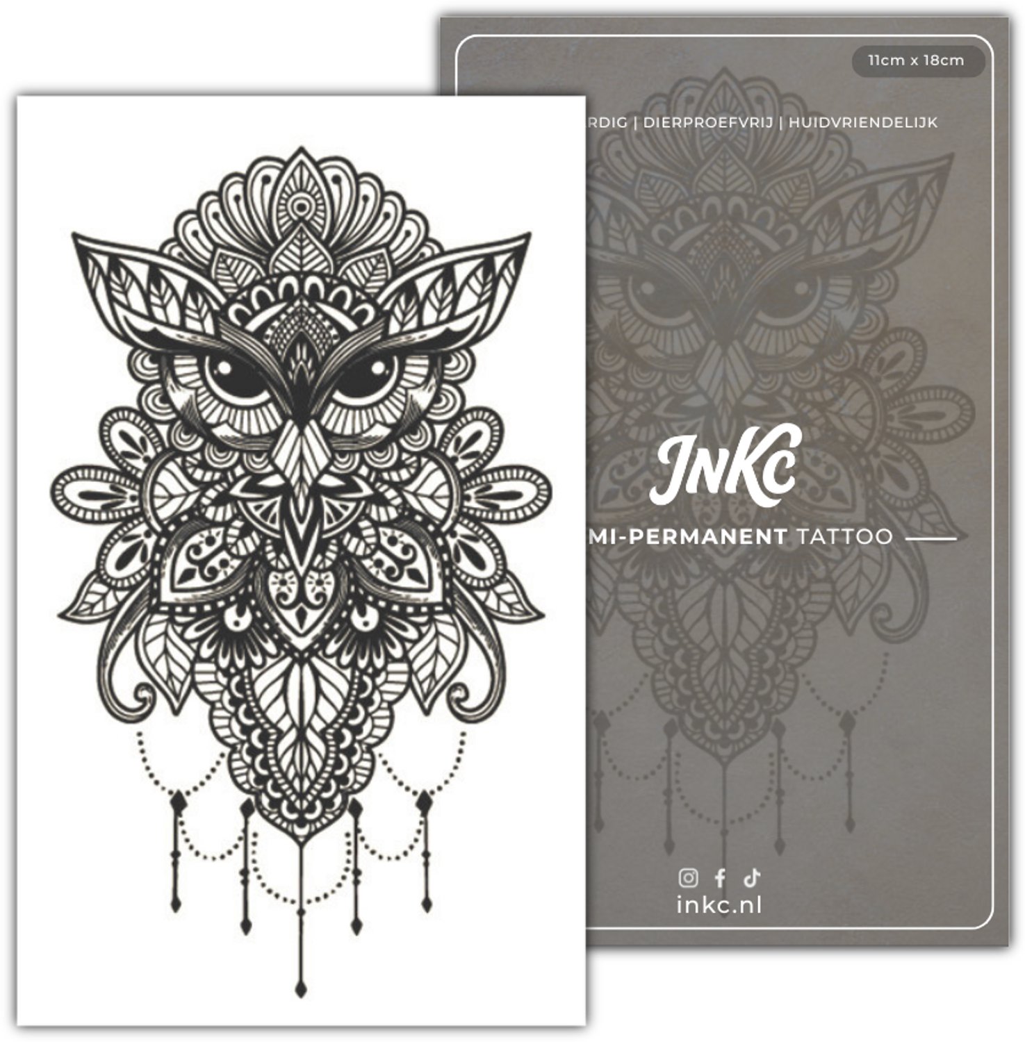 INKC - Tijdelijke Tattoo - Uil Mandala - Nep Tattoo - Plak Tattoos - Blijft tot 2 weken - 11 x 18cm