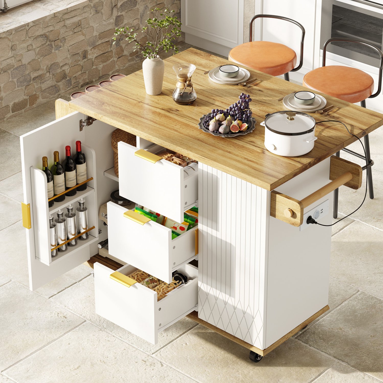 WUVRIE - Mobiele keukenkast 134x46/74x88 cm - Uitklapbaar werkblad en stroomaansluiting - Wit