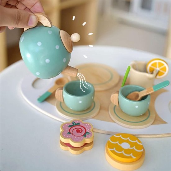 Houten Afternoon-theeset voor Meisjes – Houten Accessoires voor Speelkeukens – Prinses Theeservies – Houten Montessori Speelgoed – Cadeau voor Meisjes en Jongens — afbeelding 3