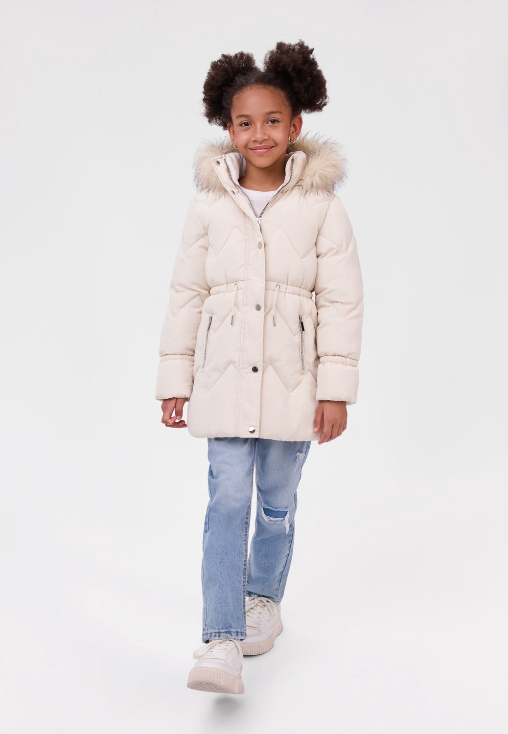 Minoti winterjas meisje – lang model – zigzagstiksels – crème