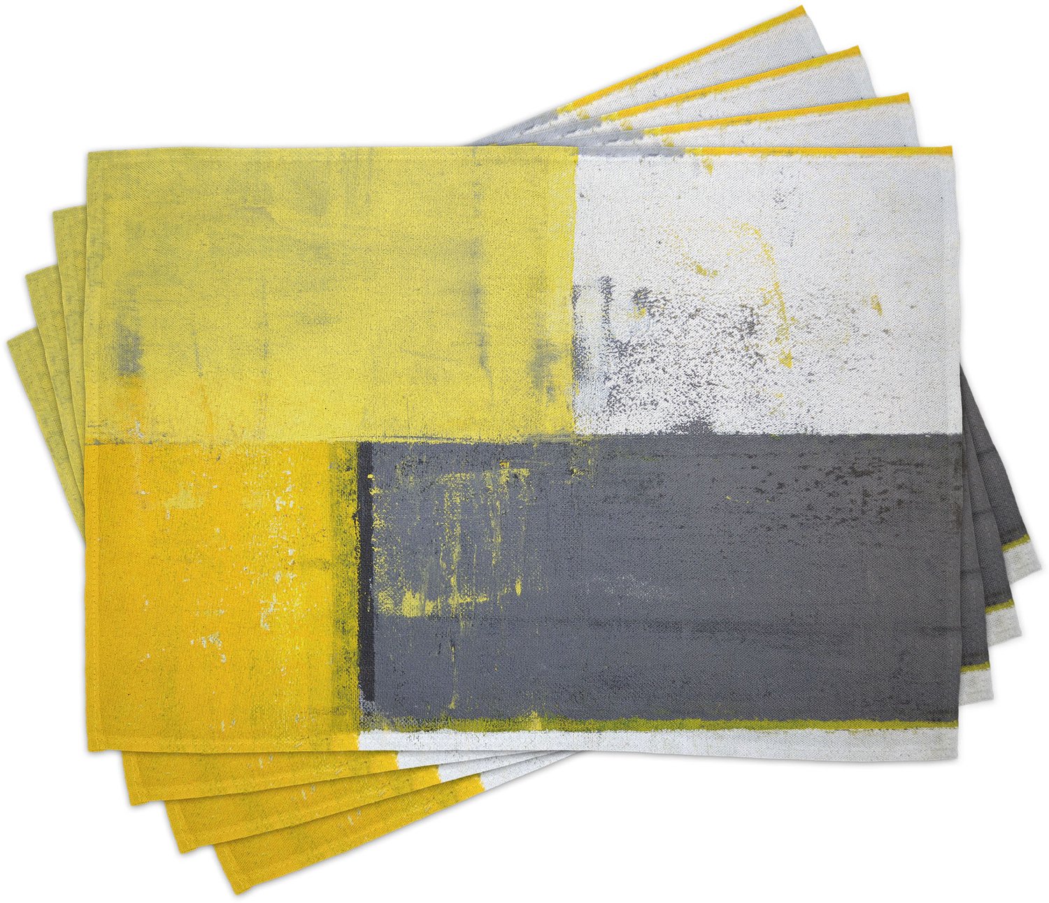 ABAKUHAUS Grijs en Geel Placemats Set van 4, Straat Kunst Modern Grunge Abstract Ontwerp Vierkanten, Wasbare Stoffen Placemats voor de Eettafel, Standaardformaat, Antraciet Geel