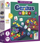 Doos van het SmartGames Genius Gems spel met twee borden, kleurrijke edelstenen en dobbelstenen.