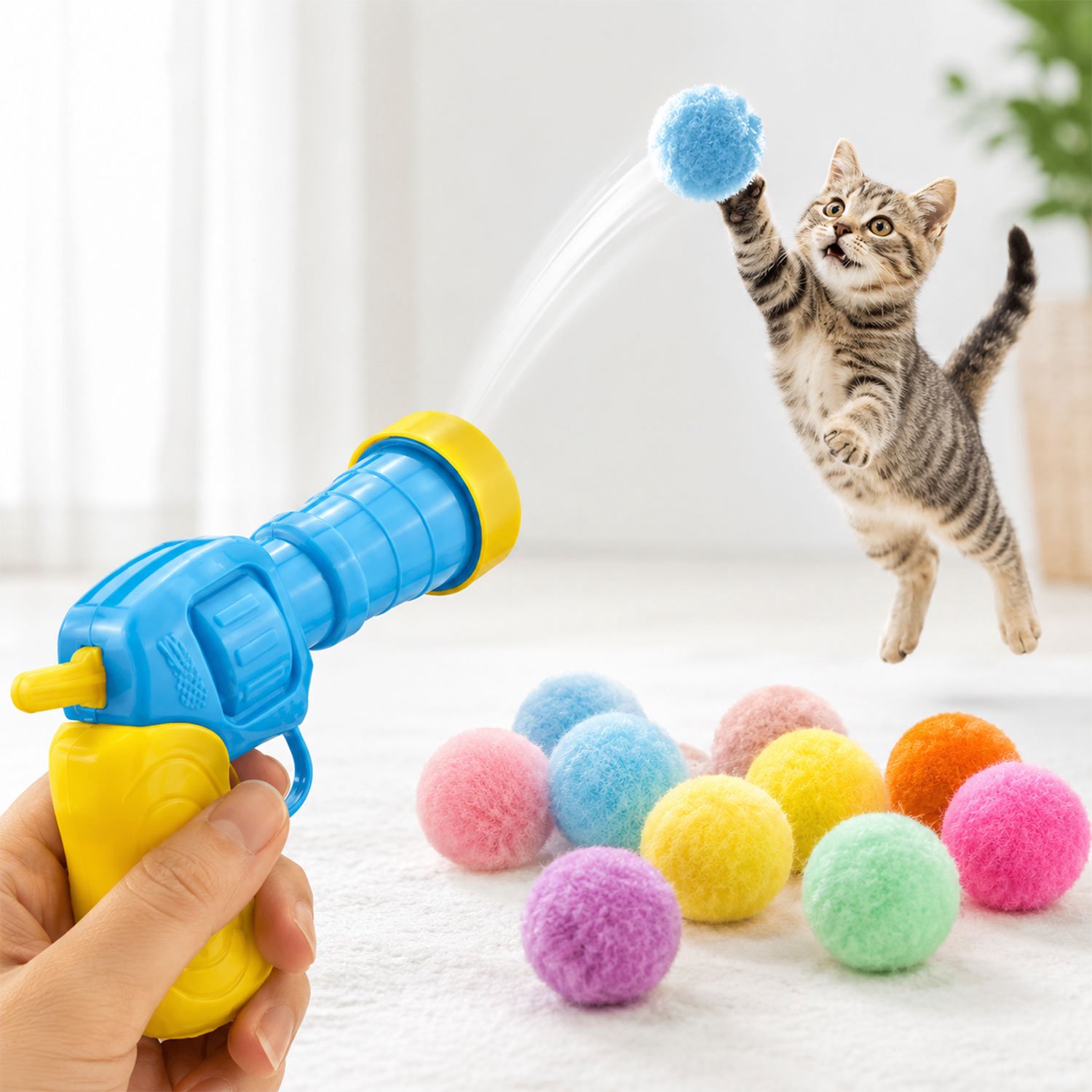 Jungengel Interactief Kattenspeelgoed Ballenwerper - Speelgoedpistool met 20 Zachte Pompon Balletjes - Zonder Batterijen Mechanisch - Kattenspeeltje Jachtinstinct Kitten Volwassen Kat - Kleurrijk