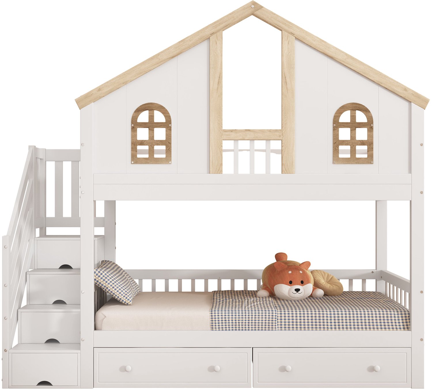 Merax Stapelbed Voor Kinderen 90 x 200 cm - Bed In Huisvorm - Trap Met Opbergruimte - Grote Lades - Uitvalbeveiliging - Wit En Natuurlijke Houtkleur