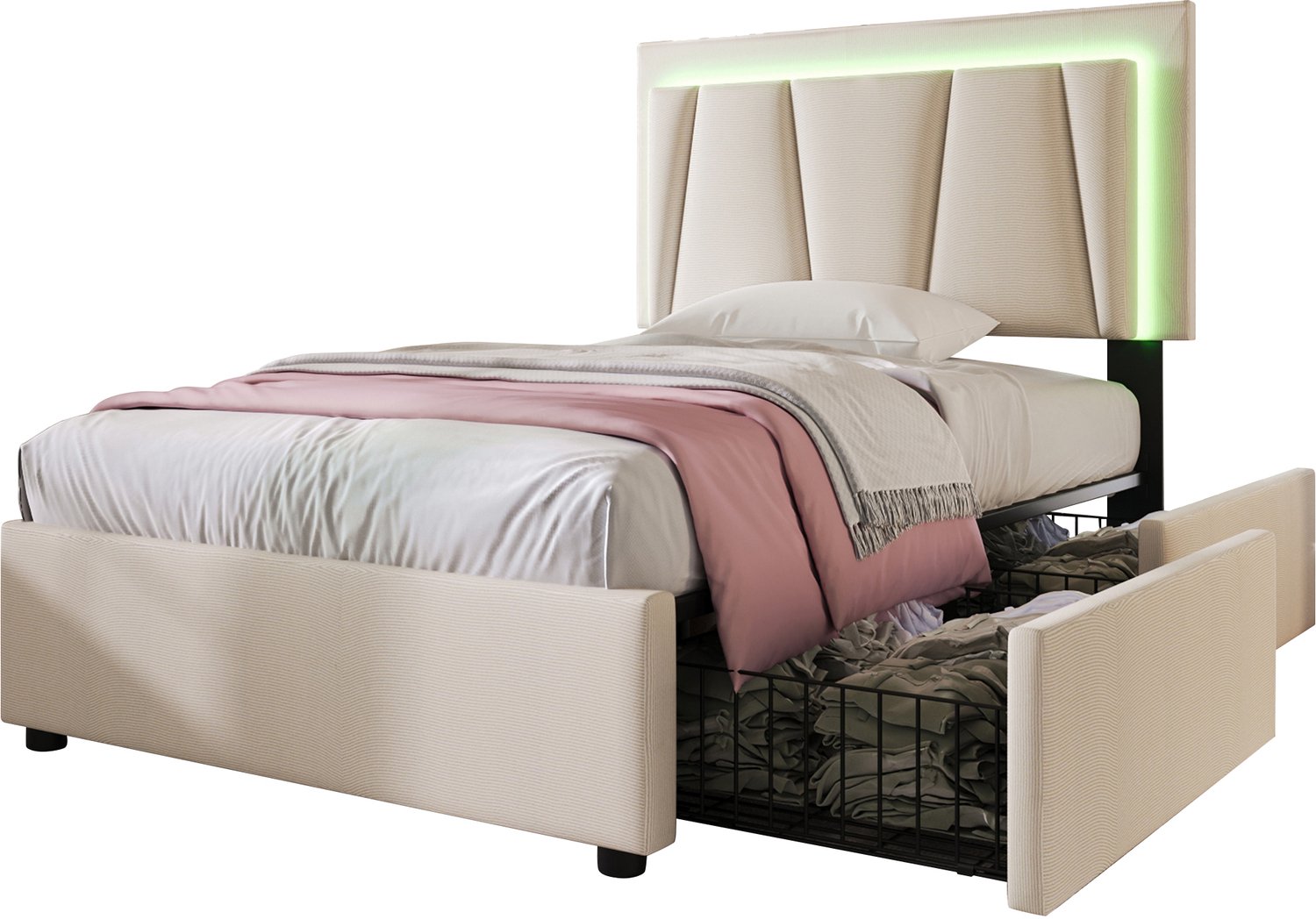 Eenpersoonsbed 90x200 cm - Gestoffeerd Bed Met Twee Opberglades - Verstelbaar Hoofdbord Met LED-Verlichting - Houten Lattenbodem - Beige
