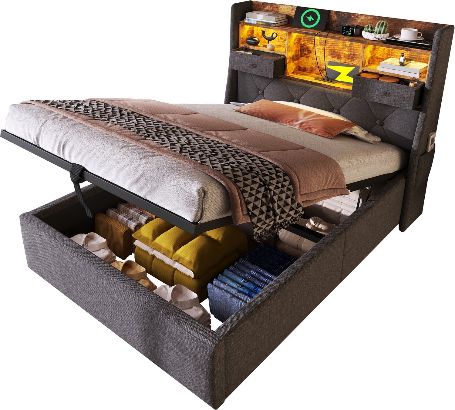 Eenpersoonsbed 90x200 cm - Gestoffeerd Bed Met Hydraulische Opbergruimte - LED-Hoofdbord Met USB En USB-C - Inclusief Lattenbodem - Grijs Linnen