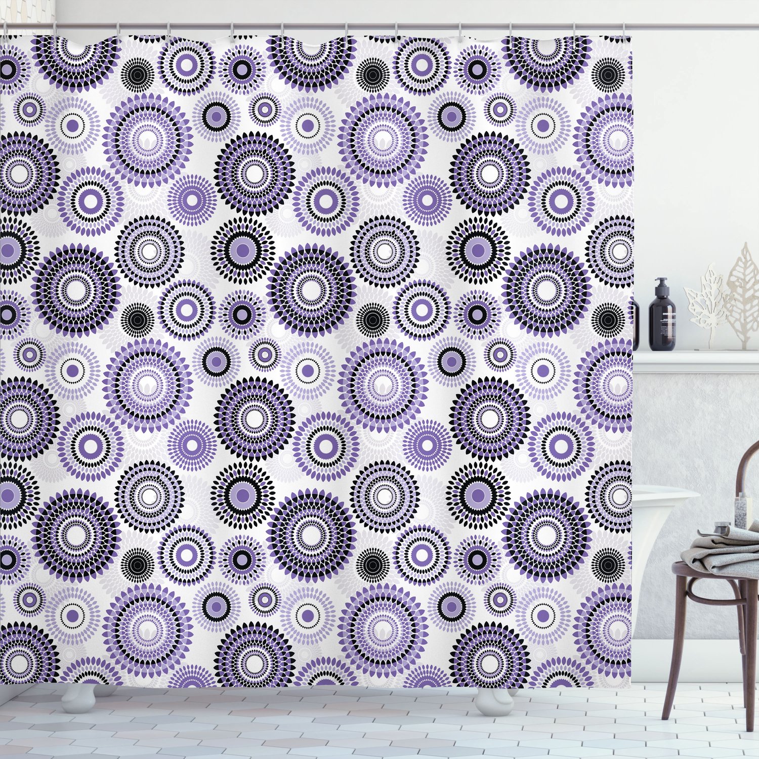 ABAKUHAUS Purple en Black Douchegordijn, Grote en Kleine Verspreide Ronde Vormen met Mandala-geïnspireerd Design, Stoffen Badkamerdecoratieset met Haken, 175 B x 200 L, Violet Zwart Wit