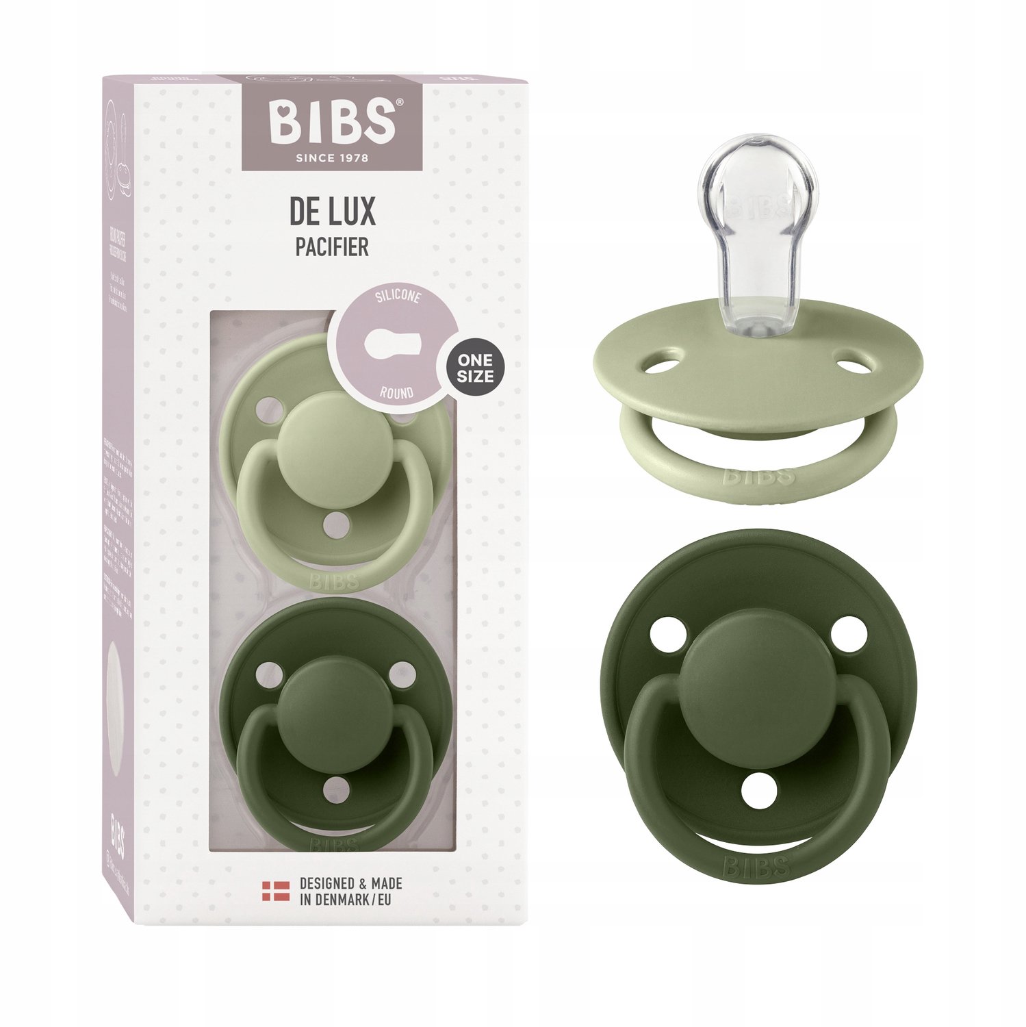 BiBS - De Lux Pacifier - One Size Fopspeen - 2 stuks - Sage / Hunter Green