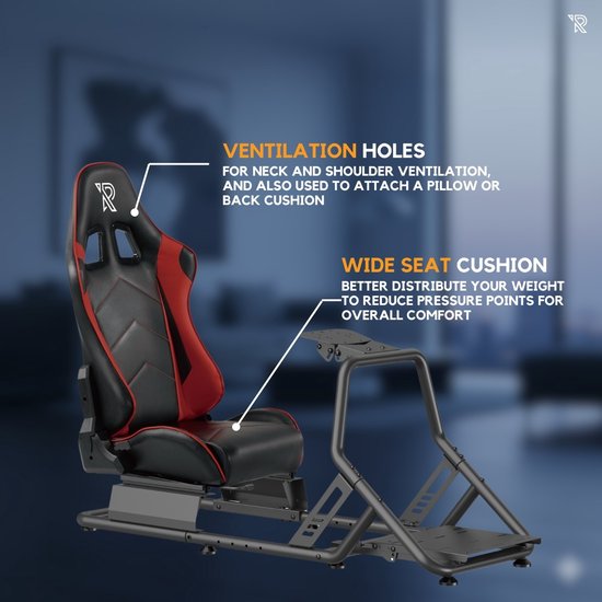 Zwarte en rode racekuipstoel met ventilatieopeningen en een brede zitting, gemonteerd op een raceframe, met de tekst 'Ventilation holes' en 'Wide seat cushion'.