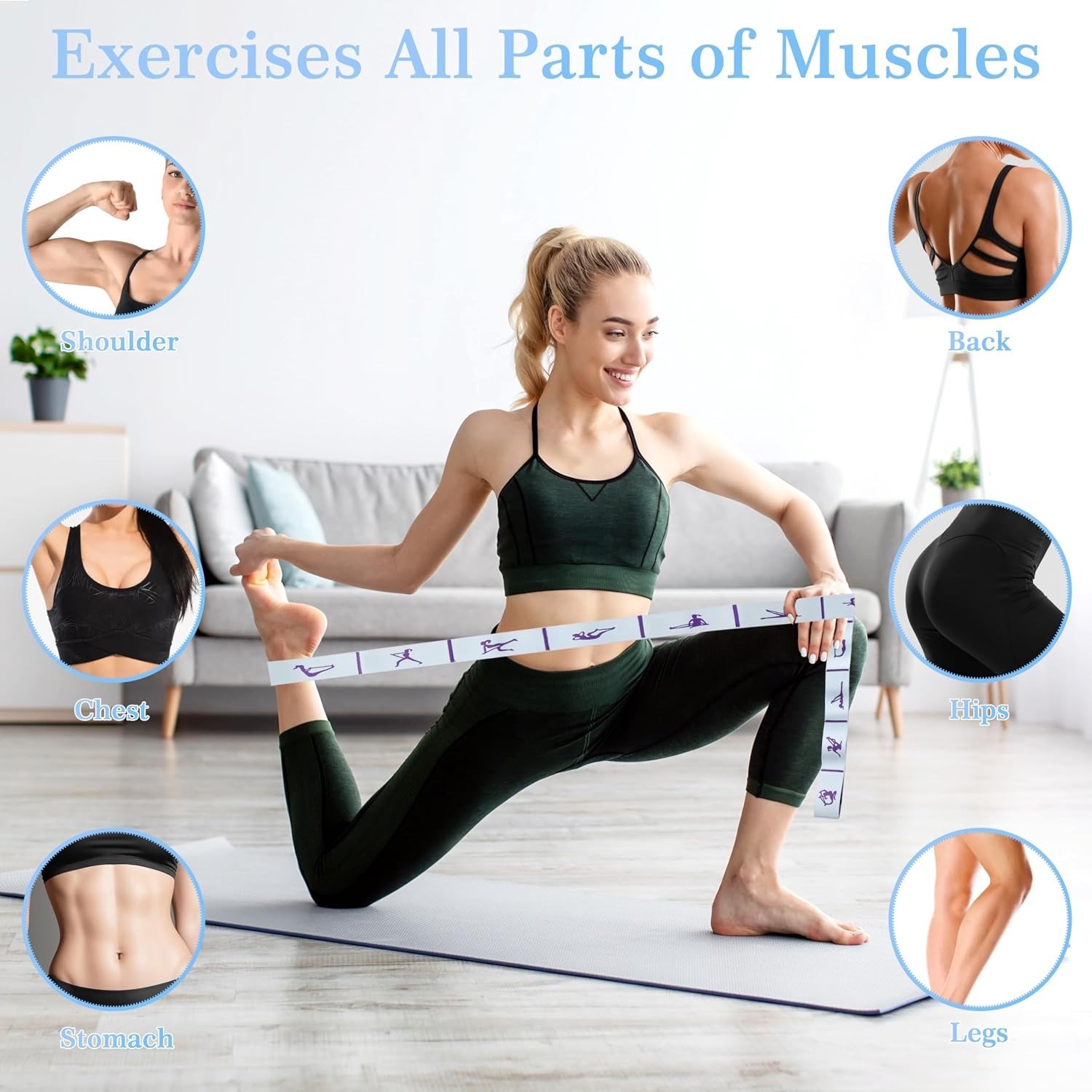 Yoga Stretching Strap met 12 Lussen voor Effectieve Rek- en Buigoefeningen, Flexibiliteit en Mobiliteit Verbeteren, Geschikt voor Pilates en Dans