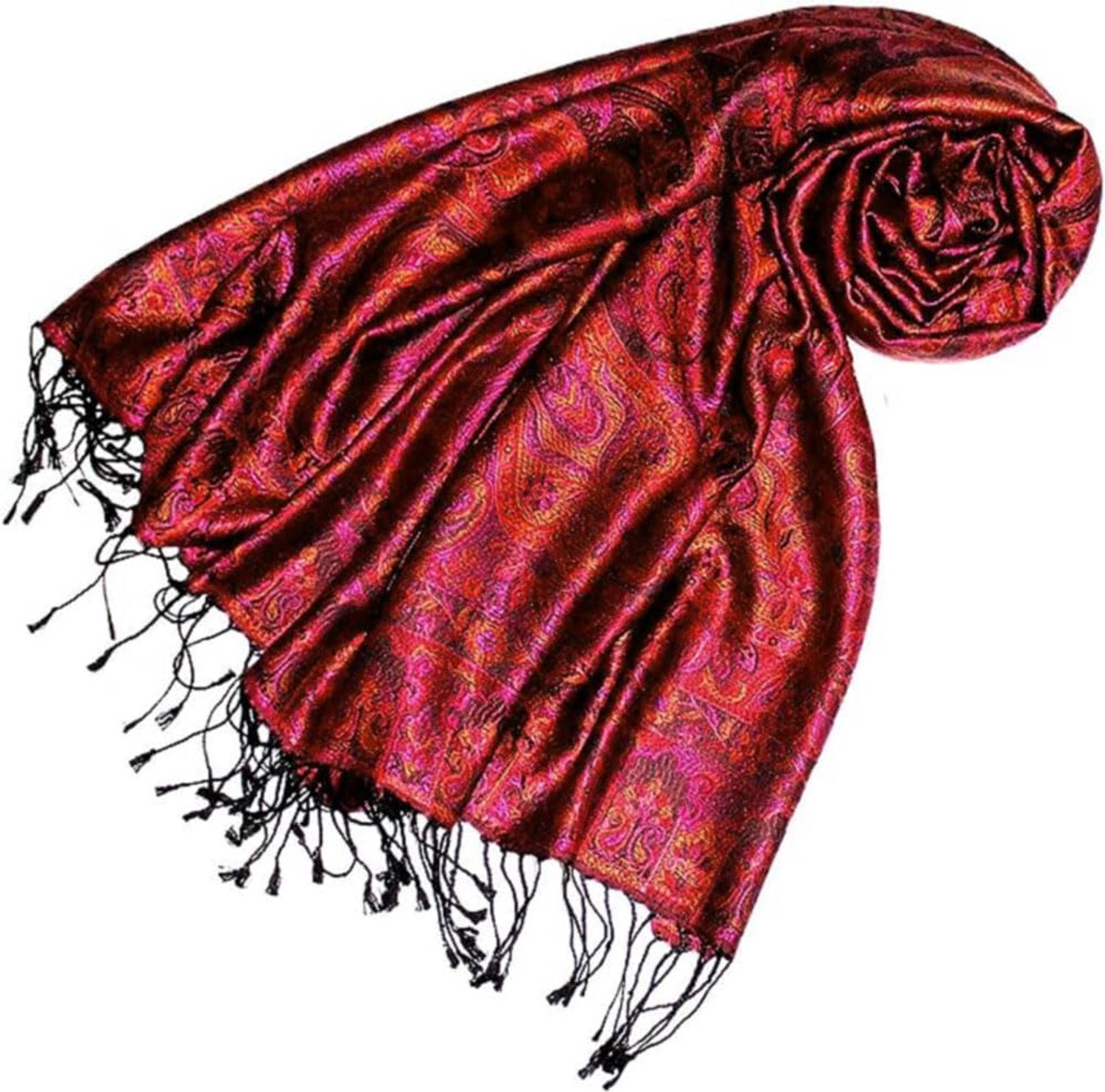 Zijde Sjaal Dames - 70x190cm - Paisley Patroon - Wijnrood/Ochre