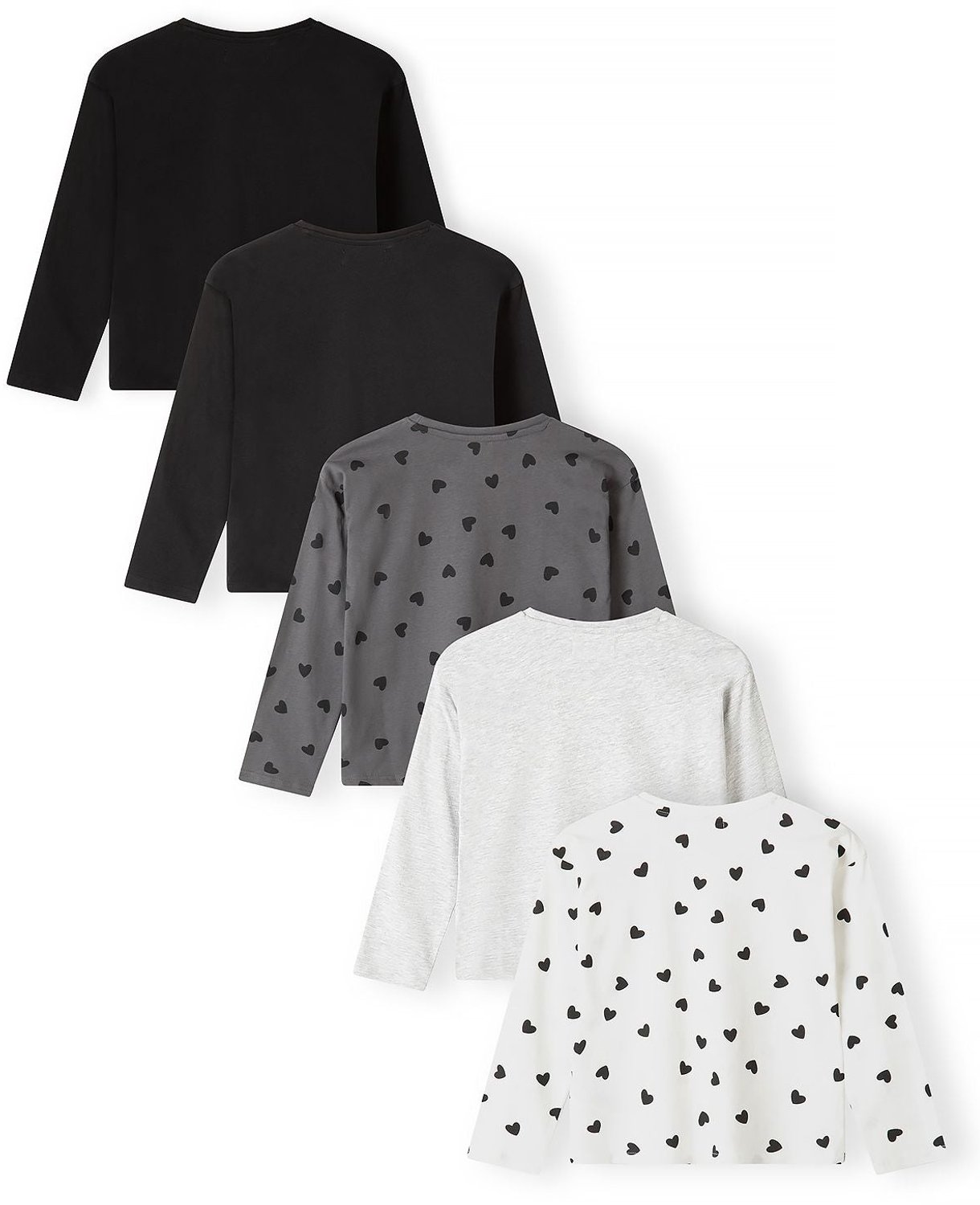 Minoti longsleeve meisjes – 2 hartjesprints en 3 effen – 5-pack – meerkleurig