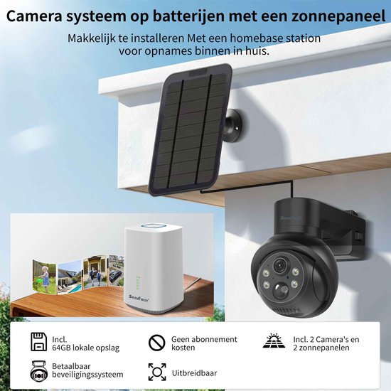 SecuFirst Pro GW219S2 Cameraset, 2x Batterij camera met zonnepaneel en Gateway - 64GB opslag Dome zwart - IP Camera draai- en kantelbaar voor buiten – 3K resolutie — afbeelding 2
