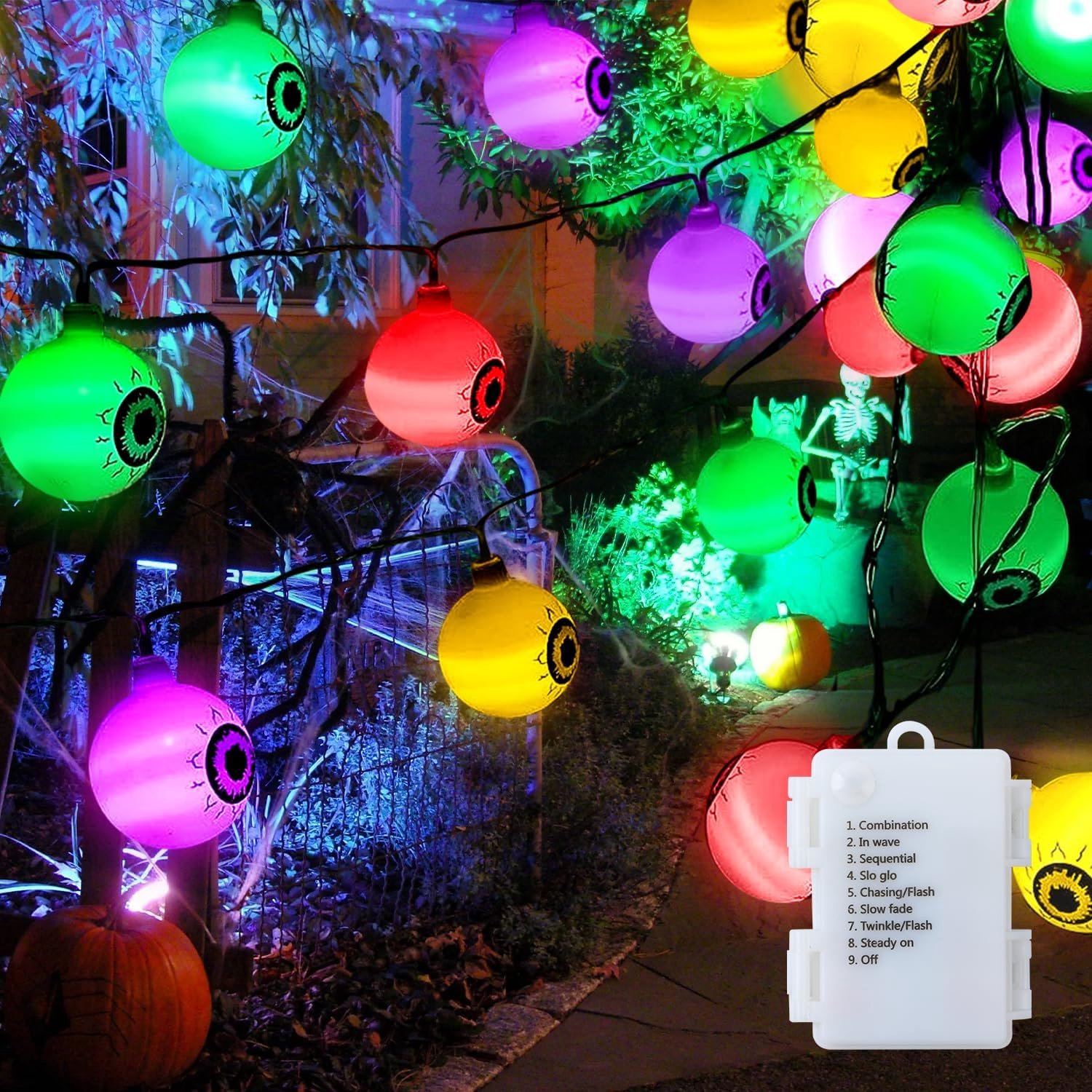 YAGXIG Halloween-lichtslingers - Ghost Eye Lights - Decoratieve Halloween-verlichting - 6 meter 40 LED's - Werkt op batterijen - Decoratieve oogbolverlichting voor buiten - Geschikt voor Halloween-feestdecoratie - Kleurrijke Ghost Eyes