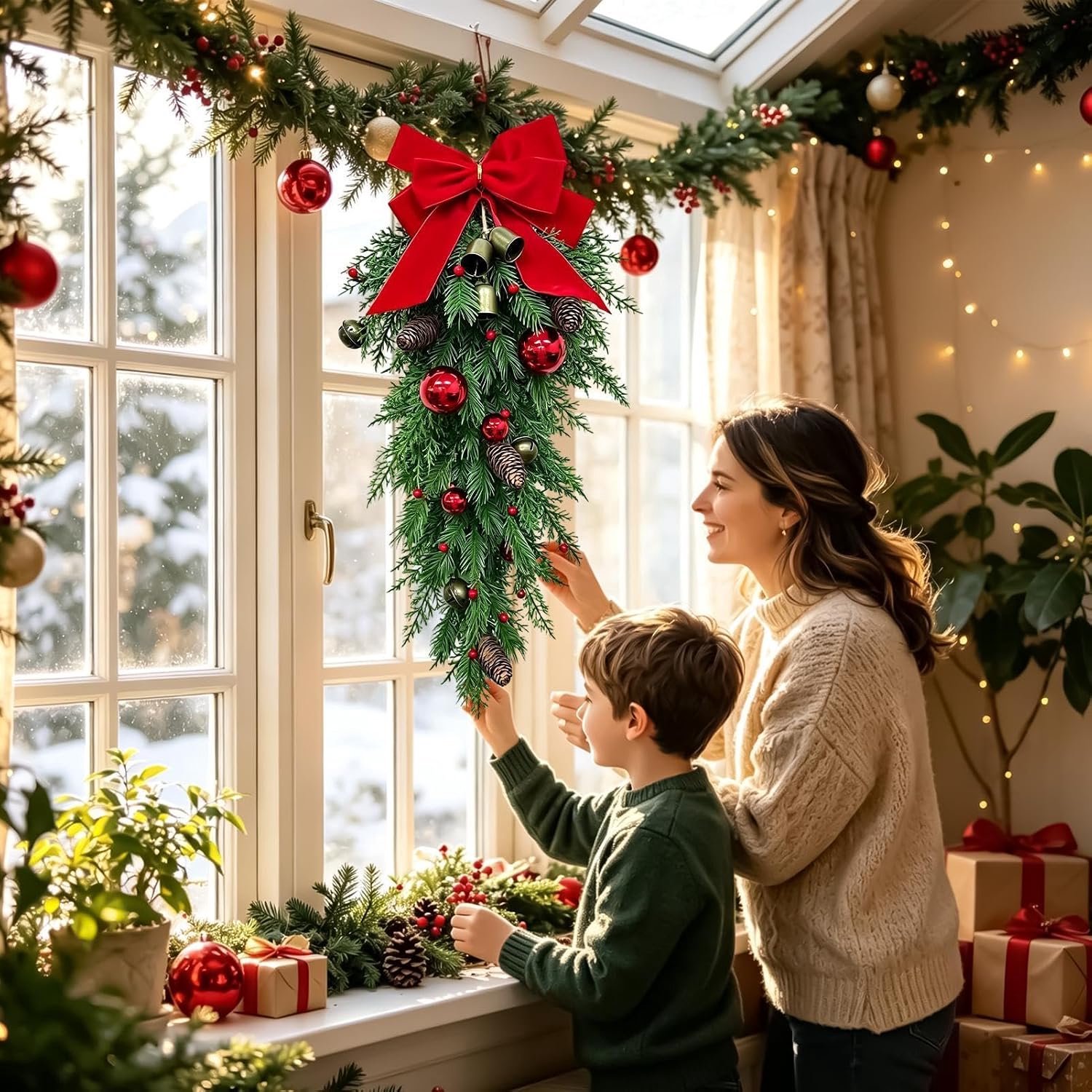 Kerstkrans - Kerstbeldecoratie - Kerstversiering - Kerstdeurhanger - Kerstdecoratie - 70 cm, met verlichting - Geschikt om op te hangen aan woonkamermuren, ramen, trappen en deuropeningen om een feestelijke sfeer te creëren - Groen – foto 4