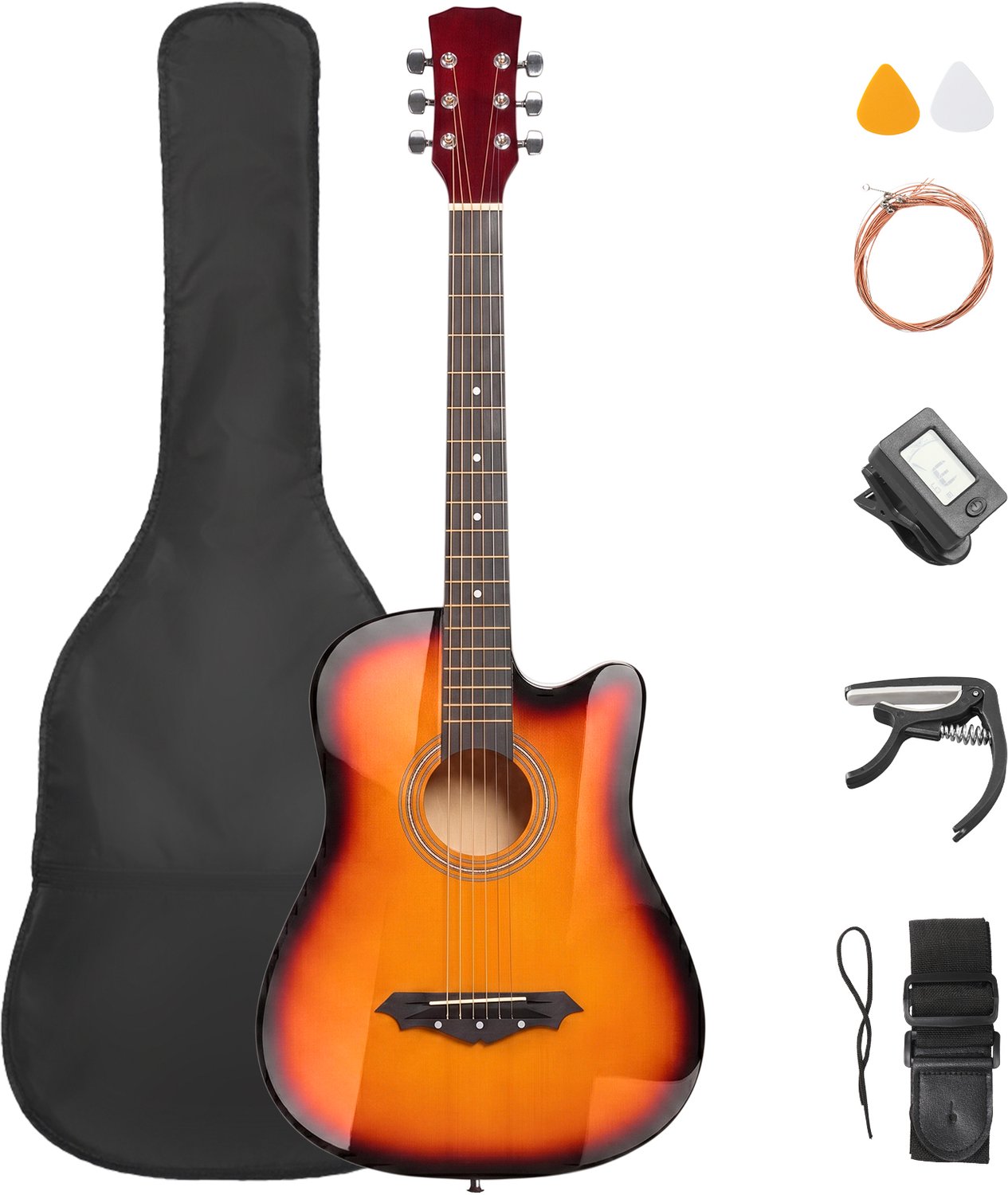 Akoestische gitaar 38 inch complete set hoes stemapparaat capodastre hardhout beginner