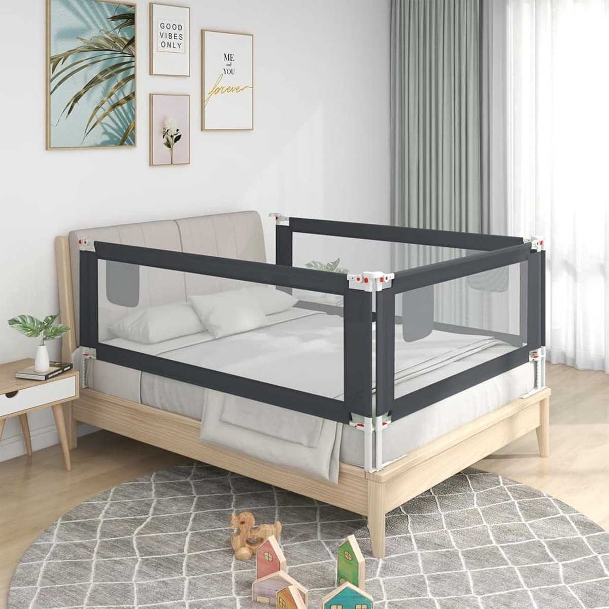 Veiligheidsreling voor kinderbed, veiligheidsbescherming voor bed, in hoogte verstelbaar, leuning, kinderbed, valbeveiliging, donkergrijze stof, 160 x 25 cm