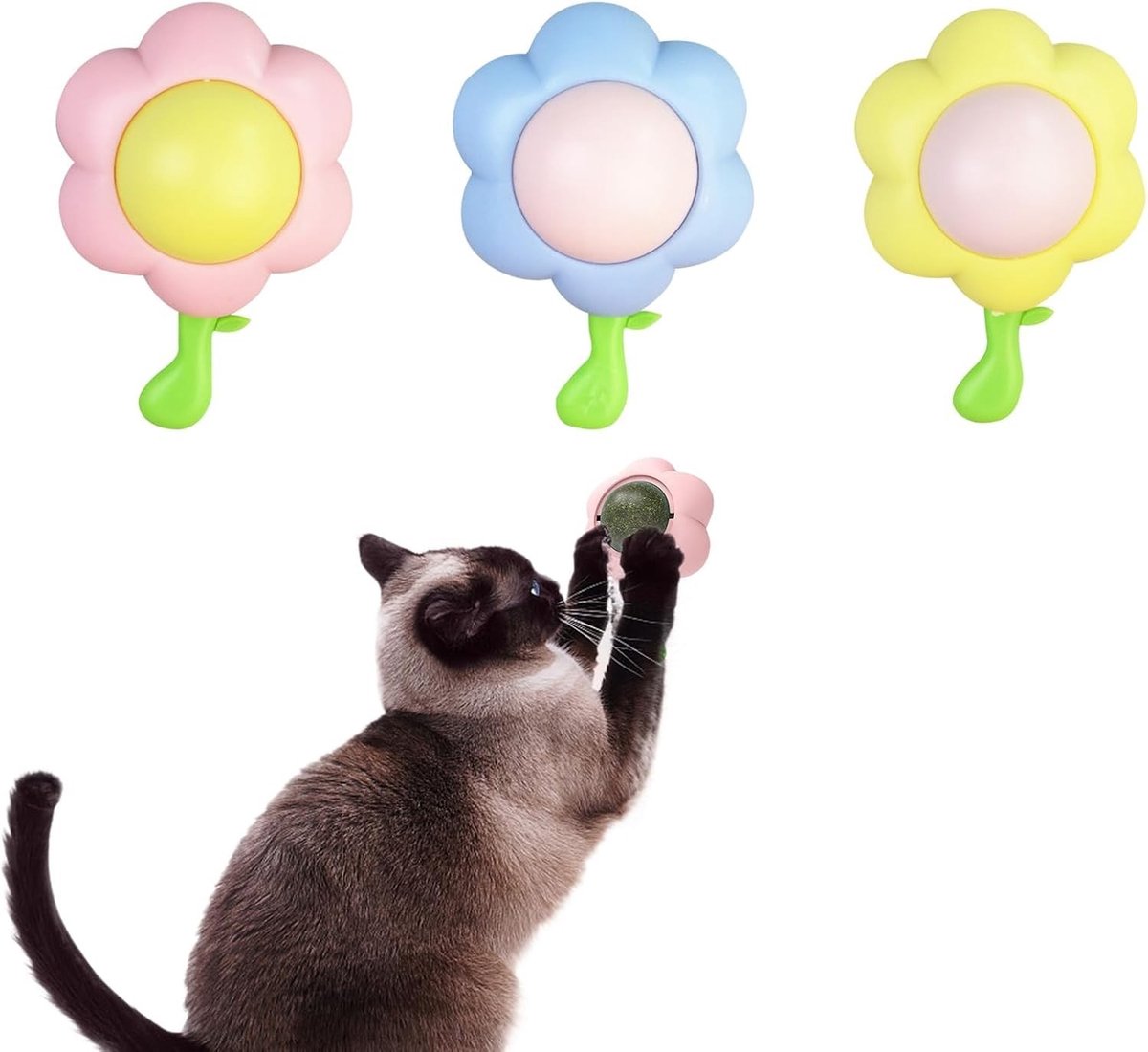 Set van 3 kattenballen met kattenkruid, 360 graden draaibare speeltjes voor katten, bevorderlijk voor tandreiniging en speelplezier.