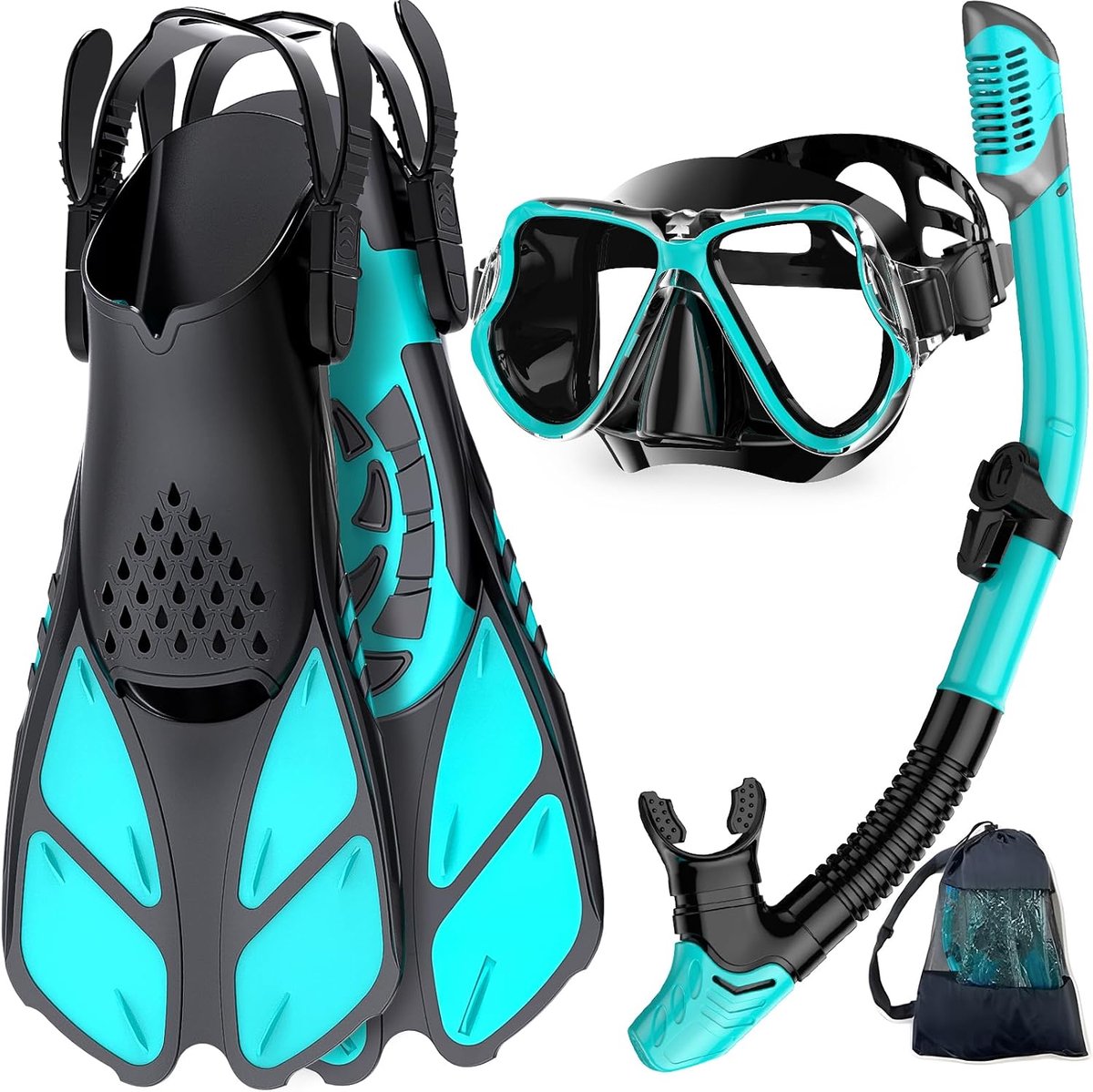 Snorkelset volwassenen met flippers, snorkelmasker met verstelbare zwemvinnen, snorkelpakketten snorkelmasker en flippers set met draagtas voor beginners en snorkelaars