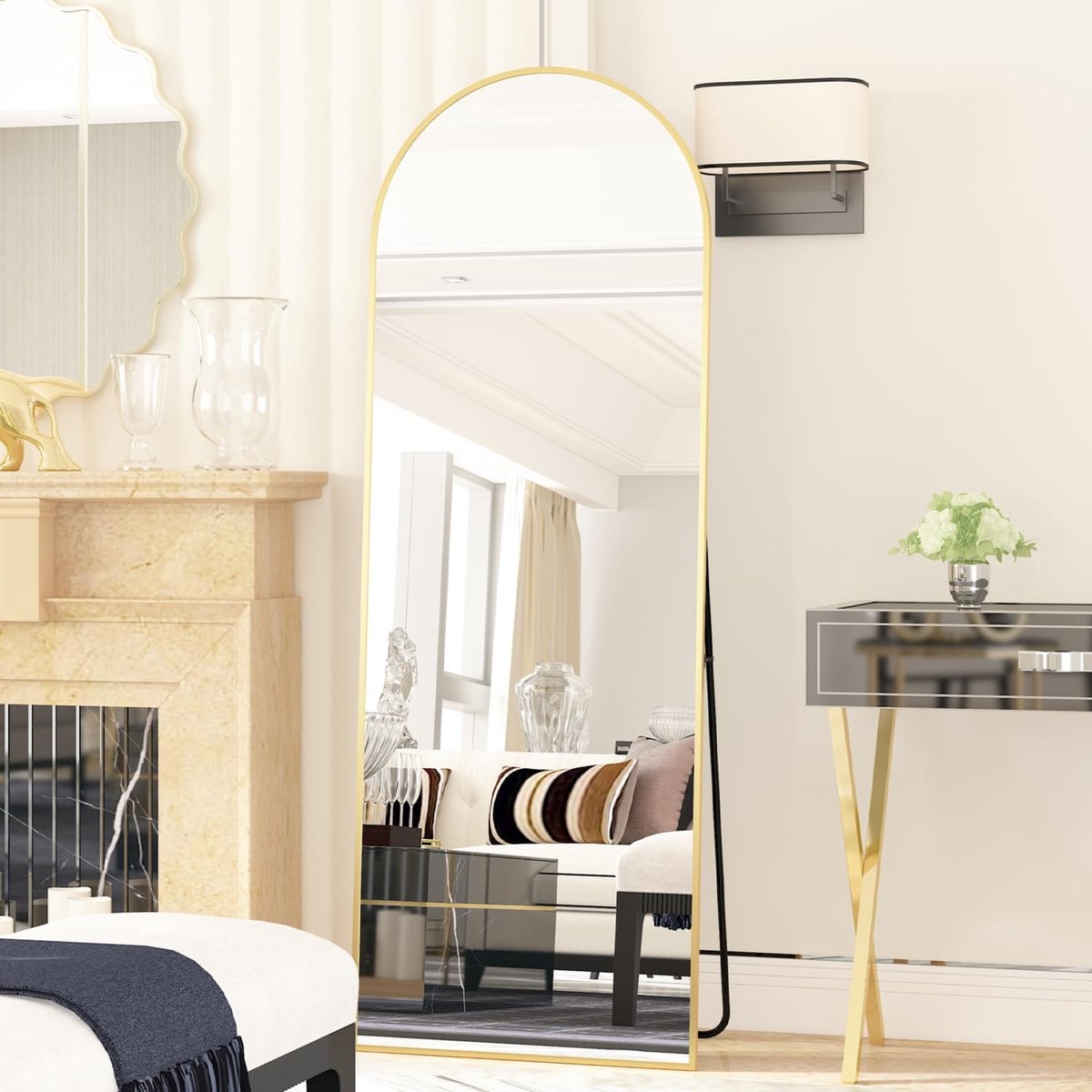 Spiegel in volledige lengte, 162 x 53 cm, full-body wandspiegel met aluminium frame, gebogen bovenspiegel, staande om op te hangen of te leunen, dressingspiegel voor slaapkamer, woonkamer,