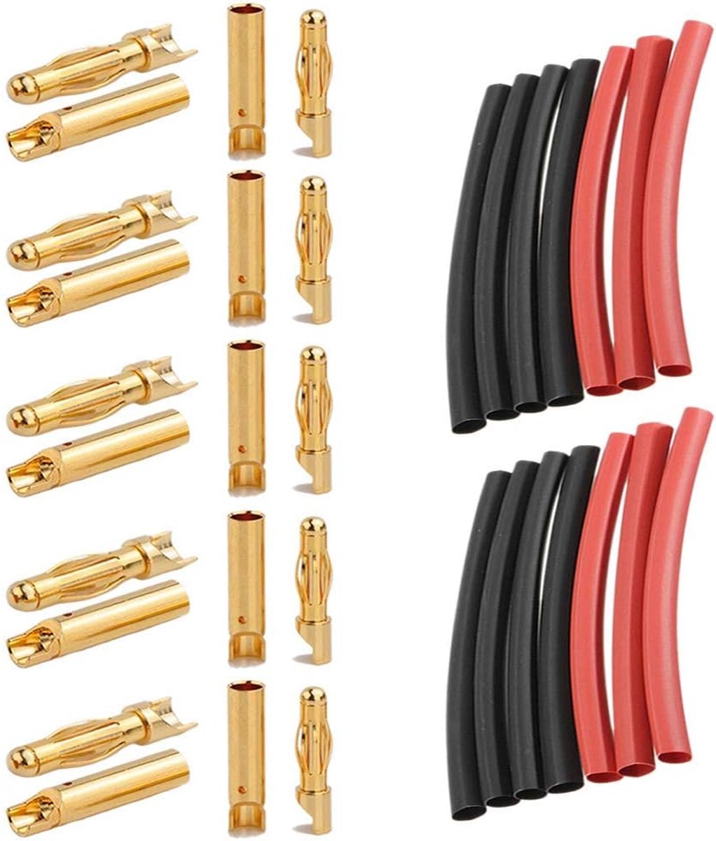 10x paar (40 stuks) 4 mm 4,0 mm 4,0 mm gouden contactstekker connector gouden stekker met soldeerbeker halfopen stekker bus incl. krimpkous voor Lipo accu ESC motor modelbouw DIY