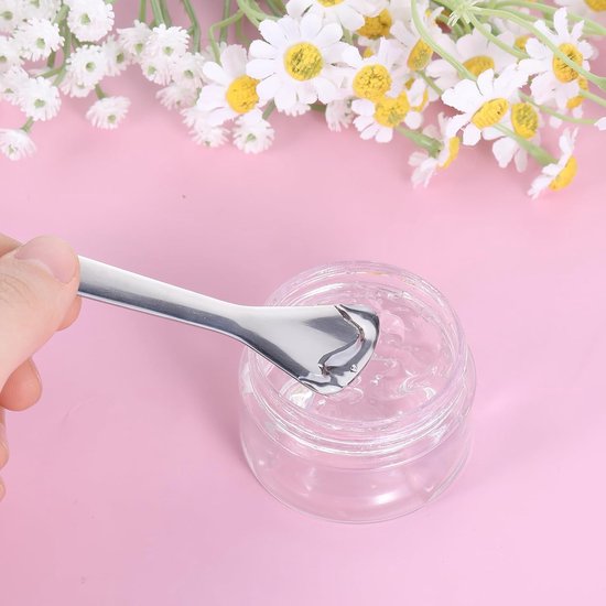 2 stuks crèmespatel cosmetica metalen cosmetische lepel herbruikbare mini make-up applicator crèmespatel gezicht cosmetica lepel cosmetische spatel voor gezichtscrème, crème, zilver — afbeelding 4