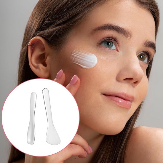2 stuks crèmespatel cosmetica metalen cosmetische lepel herbruikbare mini make-up applicator crèmespatel gezicht cosmetica lepel cosmetische spatel voor gezichtscrème, crème, zilver — afbeelding 3