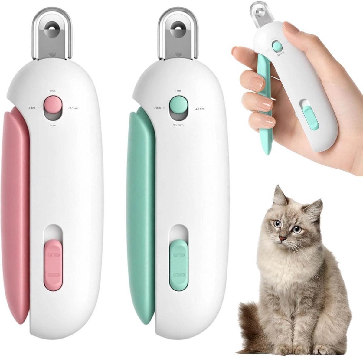 SSTRWGOOD Nagelschaar voor kattenpoten - Set van 2 - 3 knipmaten - Met nagelvijl - Verstelbaar - Anti-prik ontwerp - Geschikt voor kittens en binnenkatten - Geschikt voor pootverzorging - Kattenbenodigdheden - Groen en roze