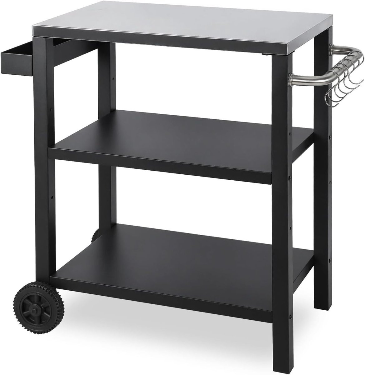 Grillwagen, in hoogte verstelbaar, outdoor, grilltafel met handvat en kruidenrek, 3 planken, 6 haken, serveerwagen op wielen, roestvrij stalen tafelblad voor tuin, barbecue, camping