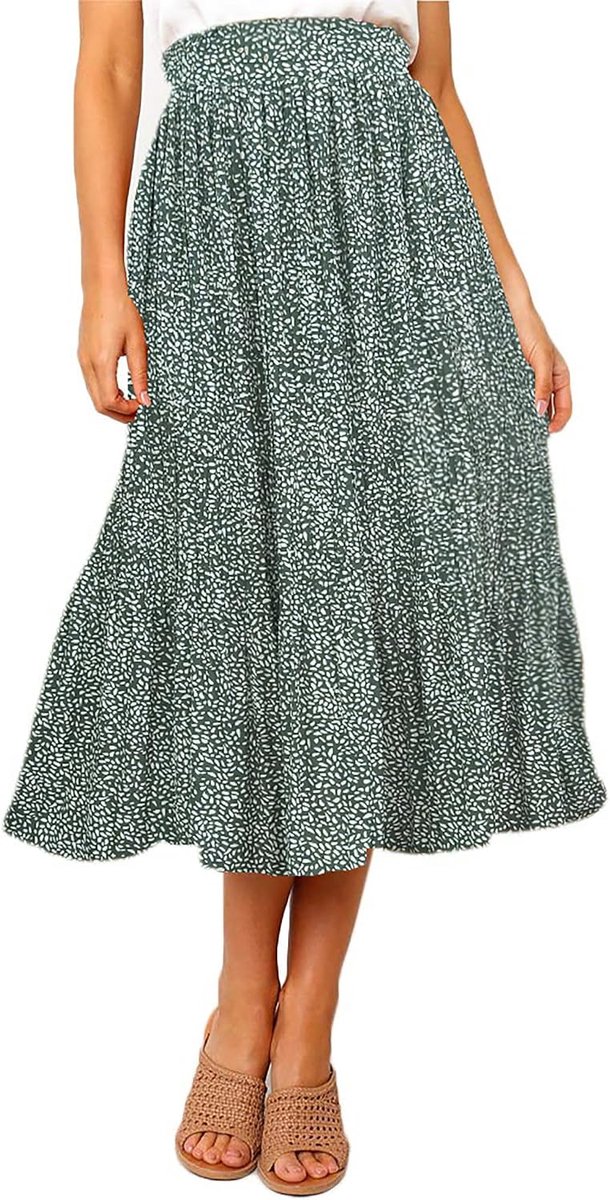 Midirok voor dames, plisseerrok met 2 zakken, polkadots, lange hoge taille, maxi-rok, zomer, elastische tailleband, luchtige zomerrok