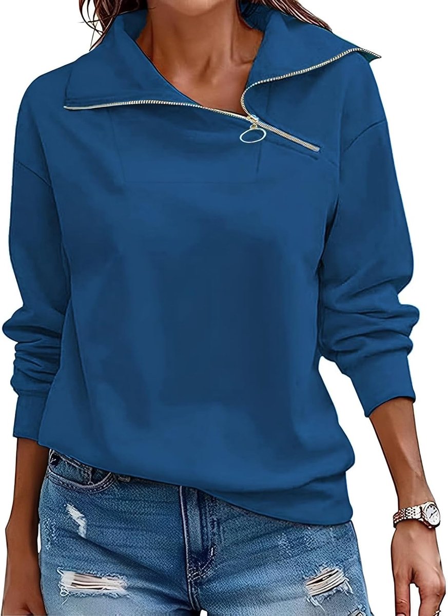 Pullover Dames Sweatshirt Herfst Kwart Ritssluiting Lange Mouwen Staande Kraag Pullover Losse Effen Casual Tops Dames