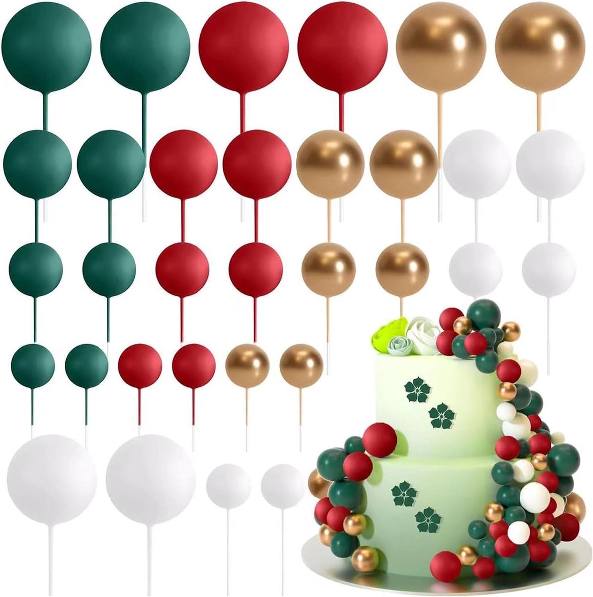 32 stuks baltaarttopper decoraties, ronde baltaartdecoratieset schuimballonnen taartdecoraties, invoegen taarttopper voor bruiloftsfeest verjaardagstaart decoratie (groen, rood, goud, wit)