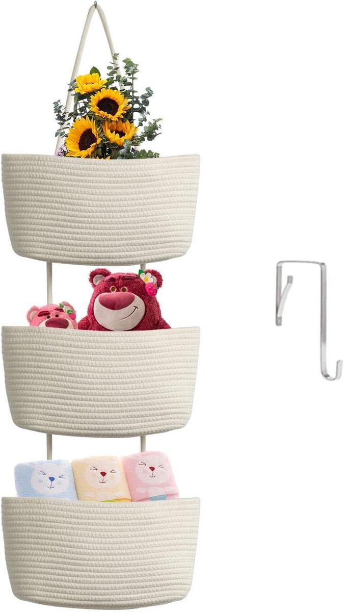 Hangmanden voor boven de deur, 3-laags geweven katoenen opbergtas met haken aan de muur gemonteerde decoratieve kinderkamer keukenmanden - wit