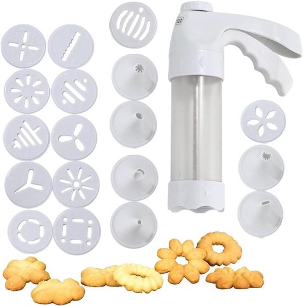 Koekjespers Set - Bakstempel Keuken - Zelf Lekkernijen Maken - Snel Vulsysteem - 12 Schijven 6 Spuitmonden - Wit