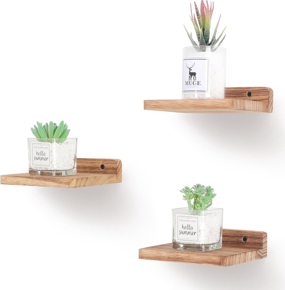 Zwevend rek, 12,7 x 15,2 cm, wandtentoonstellingsstangen, mini-rustieke houten planken voor slaapkamer, woonkamer, badkamer, keuken (3, zwart gecarboniseerd)