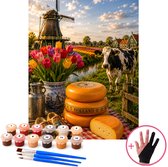 HobbyMania Originals - Schilderen op Nummer Volwassenen - Hollands Stilleven met Tulpen, Molen, Kaas en Klompen - 40x50 cm - Inclusief Verf, Penselen en Tekenhandschoen