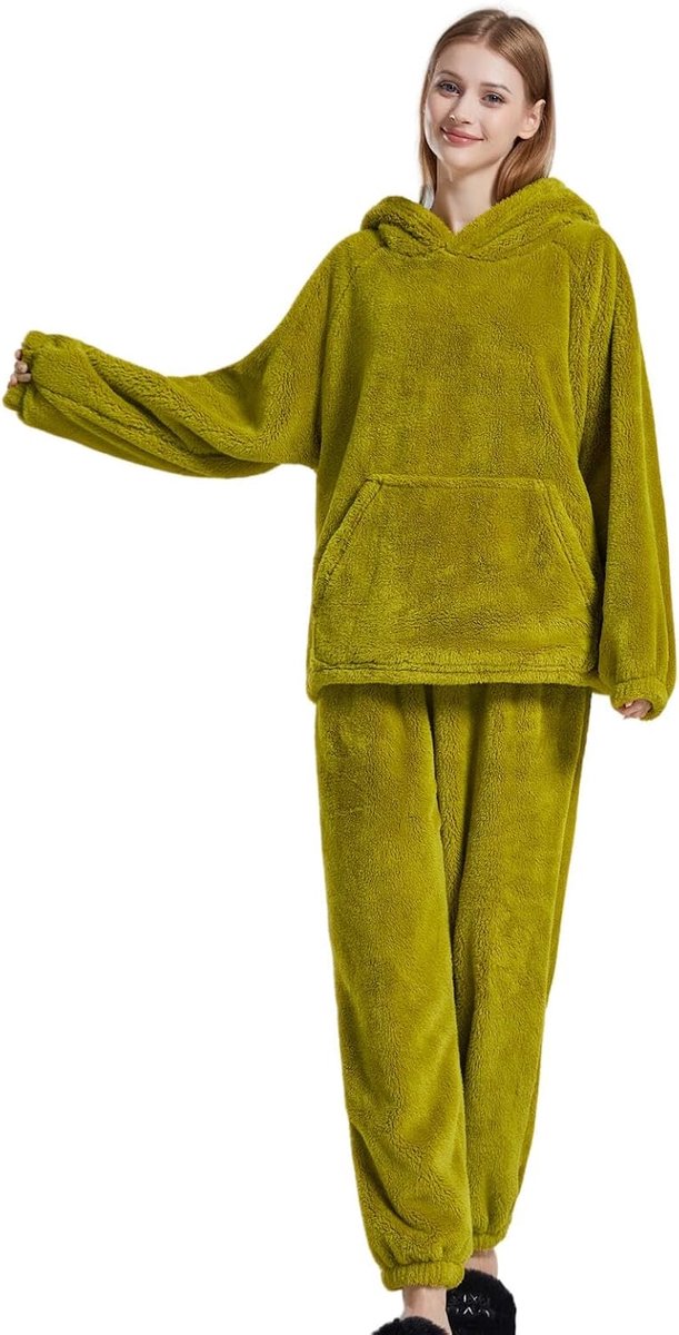 Winter Pajamas Coral Fleece Pajamas,Fluffy And Warm Hooded Coral Fleece Pajama Set,Comfortable Loungewear-A-M