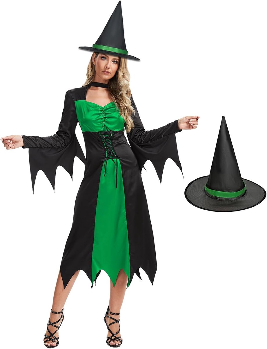 Heksenkostuum voor dames, boze heksenjurk met hoed, Halloween, vampierkostuum voor volwassenen voor vrouwen